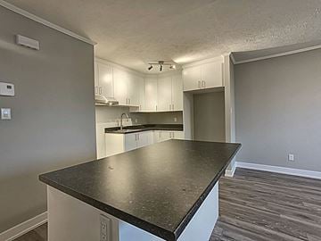 Gatineau apartment for rent - A kitchen with a black countertop and white cabinets.