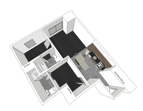 Floor plan for 2 beds, 2 baths, 827 sqft