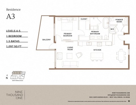 Floor plan for 1 bed, 1.5 baths, 1078 sqft