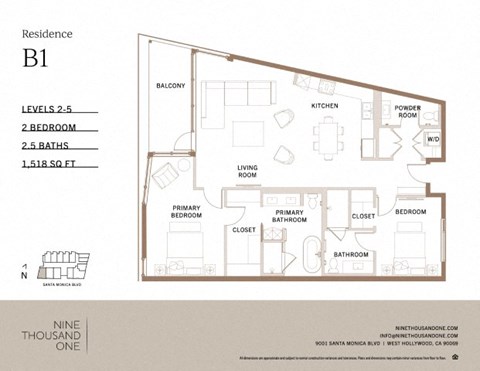 Floor plan for 2 beds, 2.5 baths, 1518 sqft