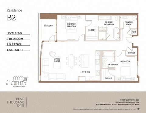 Floor plan for 2 beds, 2.5 baths, 1548 sqft