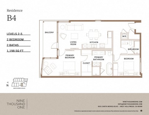 Floor plan for 2 beds, 2 baths, 1198 sqft