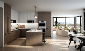West Hollywood apartment for rent - a rendering of a kitchen and living room in an apartment
