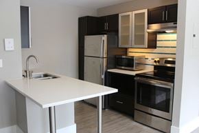St. Louis apartment for rent - a kitchen with black and white cabinets and stainless steel appliances