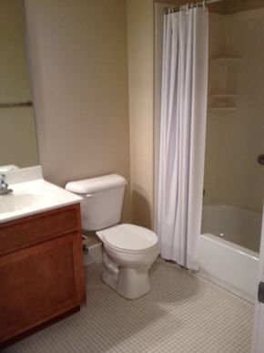 St. Louis apartment for rent - A white toilet sits next to a sink in a bathroom.