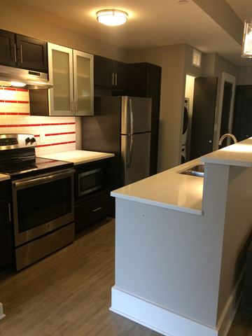 St. Louis apartment for rent - A kitchen with a white counter and black cabinets.