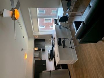 St. Louis apartment for rent - A modern kitchen with a fan and a view of a building outside.