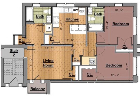 Floor plan for 2 beds, 2 baths, 962 sqft