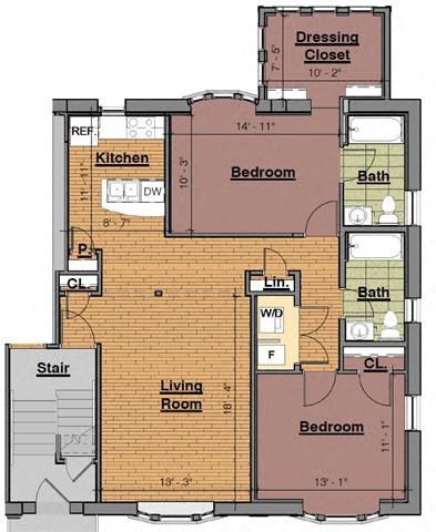 Floor plan for 2 beds, 2 baths, 1065 sqft