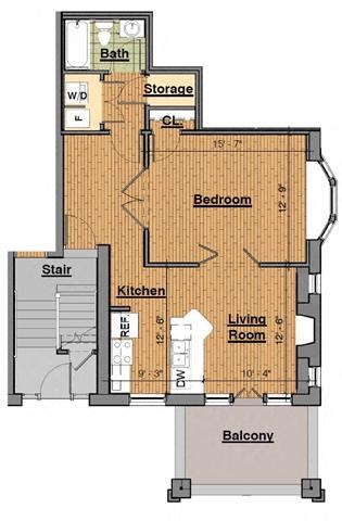 Floor plan for studio, 1 bath, 665 sqft