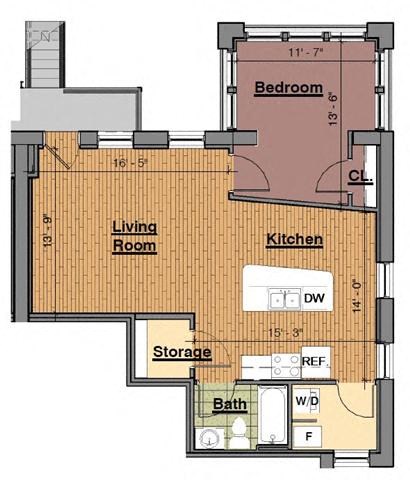 Floor plan for 1 bed, 1 bath, 698 sqft