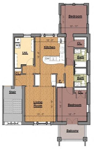 Floor plan for 2 beds, 2 baths, 1171 sqft