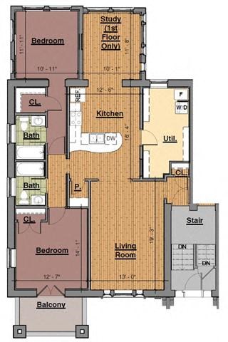Floor plan for 2 beds, 2 baths, 1313 sqft