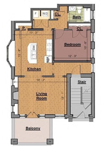 Floor plan for 1 bed, 1 bath, 831 sqft