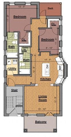 Floor plan for 2 beds, 2 baths, 1100 sqft