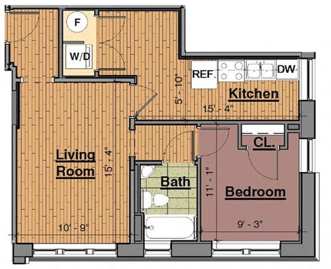 Floor plan for 1 bed, 1 bath, 538 sqft