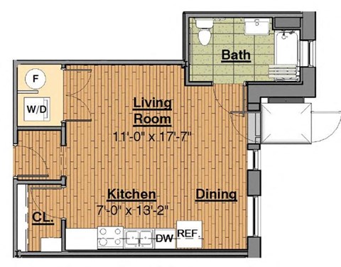 Floor plan for studio, 1 bath, 457 sqft