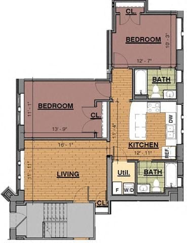 Floor plan for 2 beds, 2 baths, 940 sqft