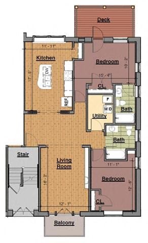 Floor plan for 2 beds, 2 baths, 1118 sqft