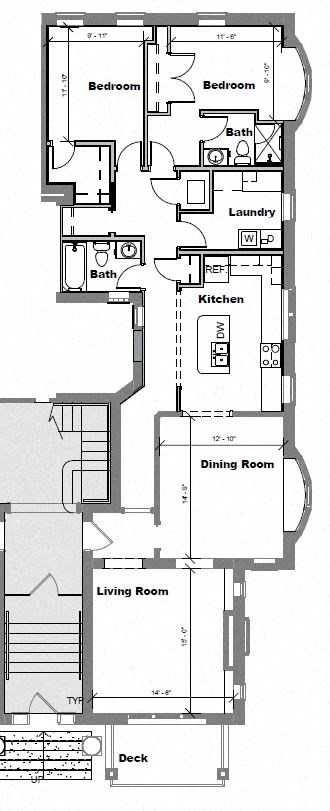 Floor plan for 2 beds, 2 baths, 1362 sqft