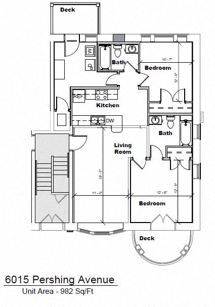 Floor plan for 2 beds, 2 baths, 982 sqft