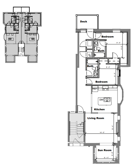 Floor plan for 2 beds, 2 baths, 988 sqft