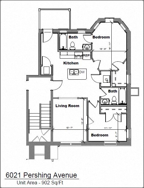 Floor plan for 2 beds, 2 baths, 902 sqft