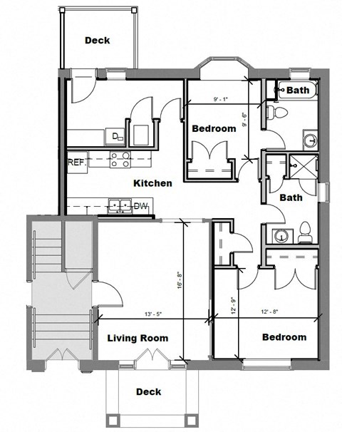 Floor plan for 2 beds, 2 baths, 981 sqft