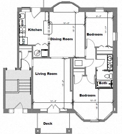 Floor plan for 2 beds, 1 bath, 1032 sqft