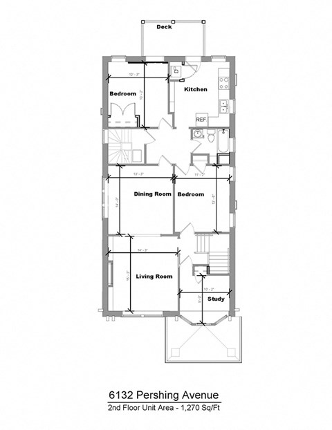 Floor plan for 2 beds, 1 bath, 1270 sqft