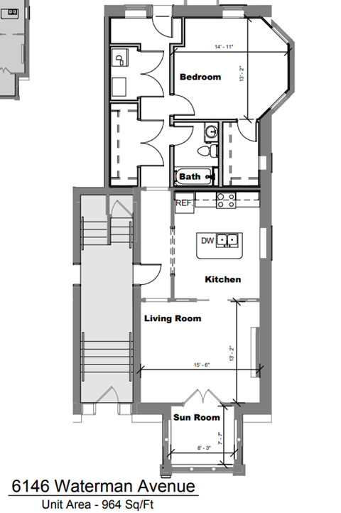 Floor plan for 1 bed, 1 bath, 964 sqft