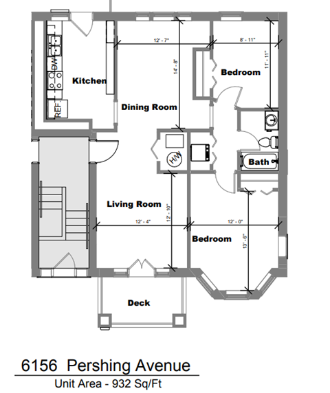Floor plan for 2 beds, 1 bath, 932 sqft