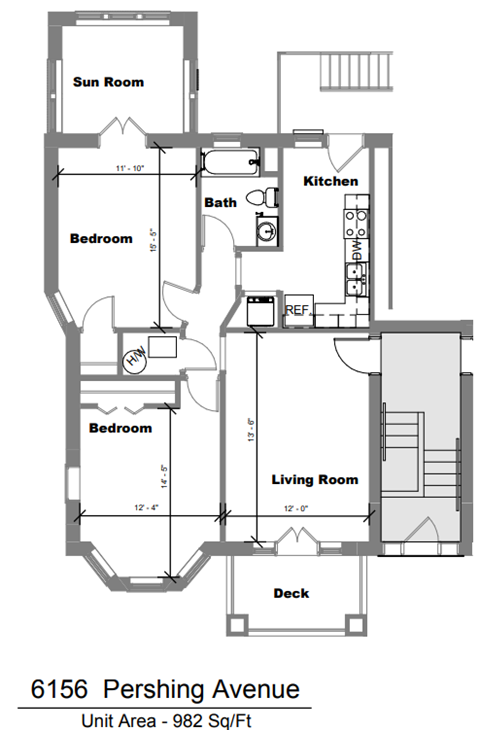 Floor plan for 2 beds, 1 bath, 982 sqft