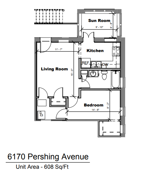 Floor plan for 1 bed, 1 bath, 608 sqft