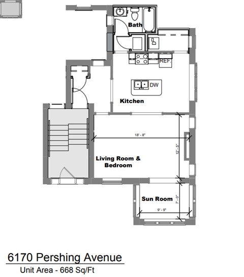 Floor plan for studio, 1 bath, 668 sqft