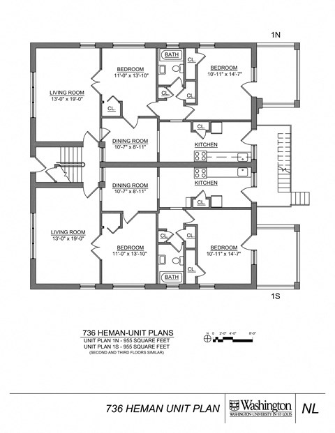 Floor plan for 2 beds, 1 bath, 955 sqft