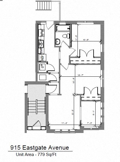 Floor plan for 1 bed, 1 bath, 779 sqft