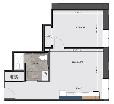 Floor plan for studio, 590 sqft