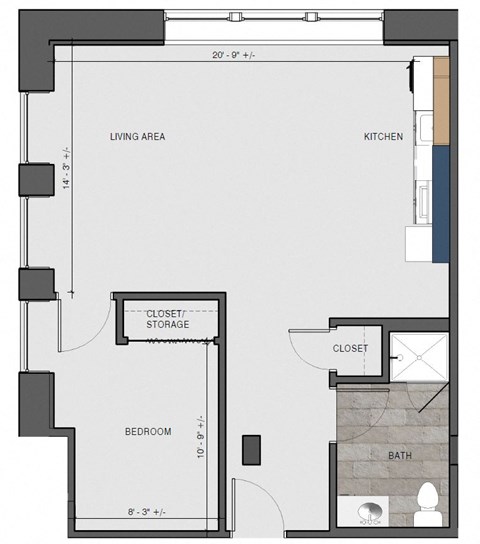 Floor plan for 1 bed, 1 bath, 633 sqft