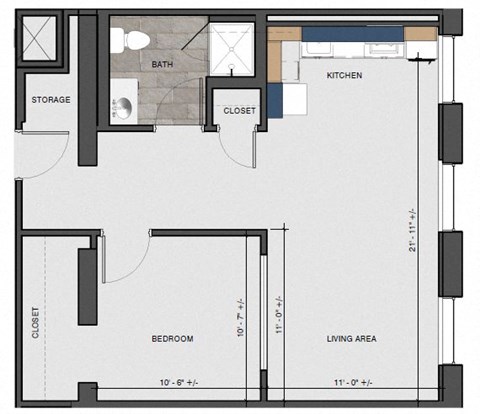 Floor plan for 1 bed, 1 bath, 597 sqft