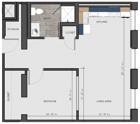Floor plan for 1 bed, 1 bath, 605 sqft