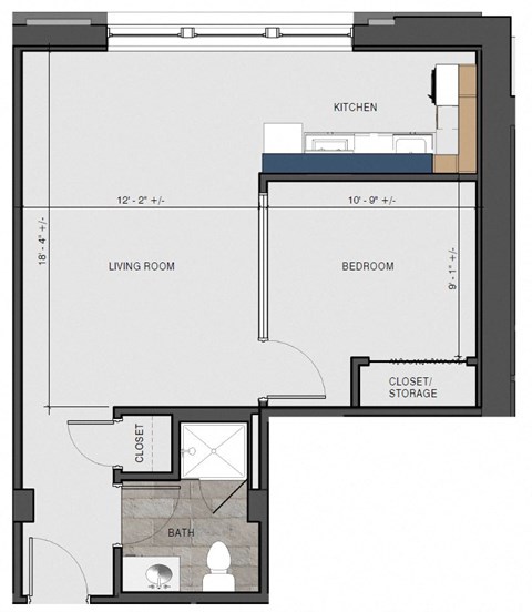 Floor plan for 1 bed, 1 bath, 542 sqft