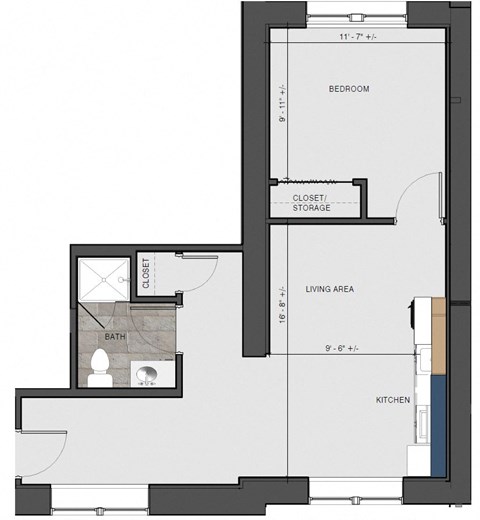 Floor plan for 1 bed, 1 bath, 555 sqft