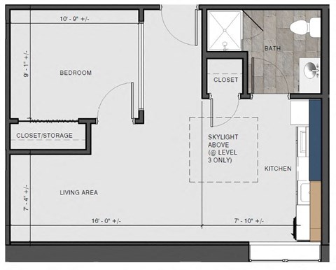 Floor plan for 1 bed, 1 bath, 500 sqft