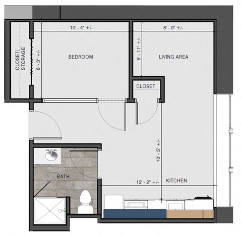 Floor plan for 1 bed, 1 bath, 435 sqft