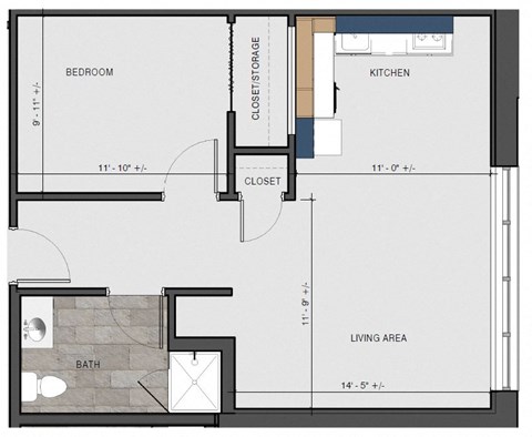 Floor plan for 1 bed, 1 bath, 586 sqft