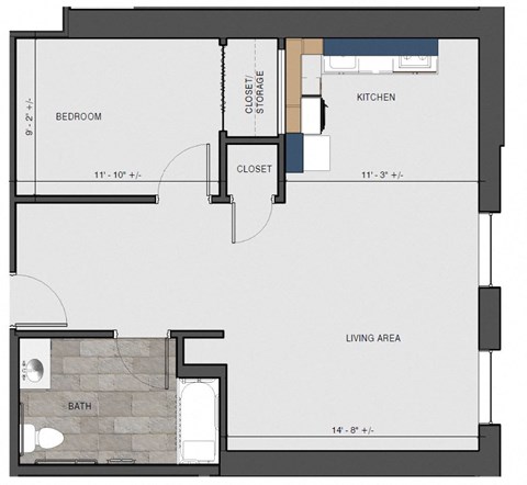 Floor plan for 1 bed, 1 bath, 582 sqft