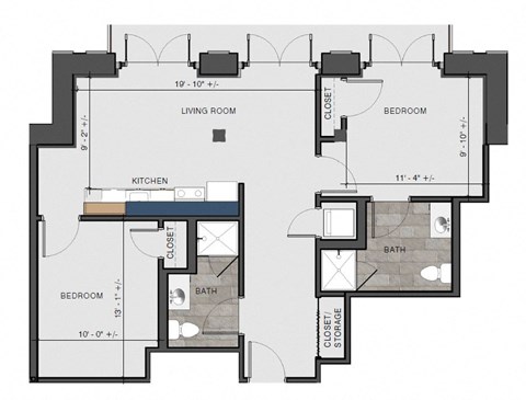 Floor plan for 2 beds, 2 baths, 810 sqft