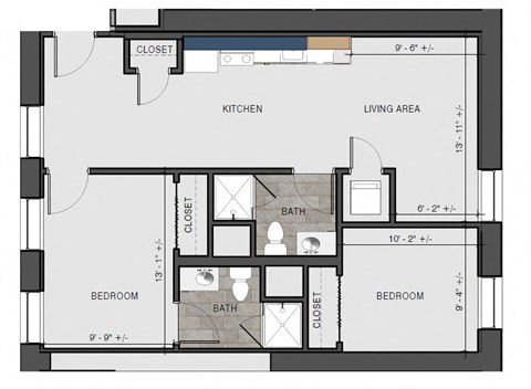 Floor plan for 2 beds, 2 baths, 770 sqft