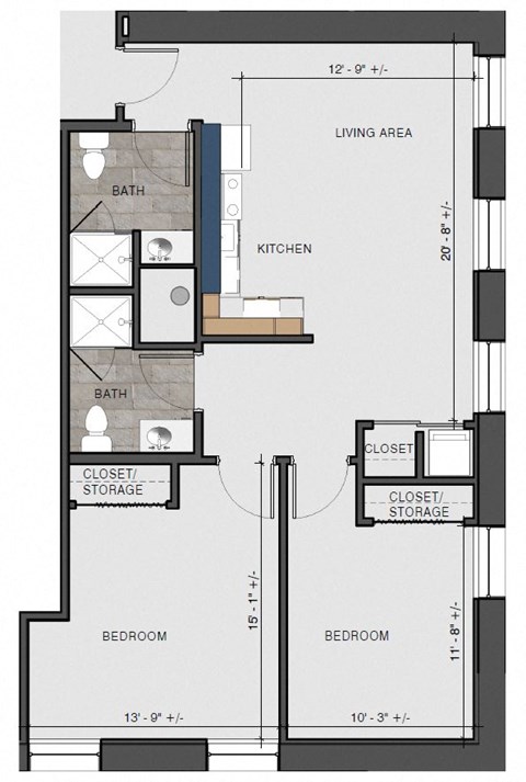 Floor plan for 2 beds, 2 baths, 871 sqft